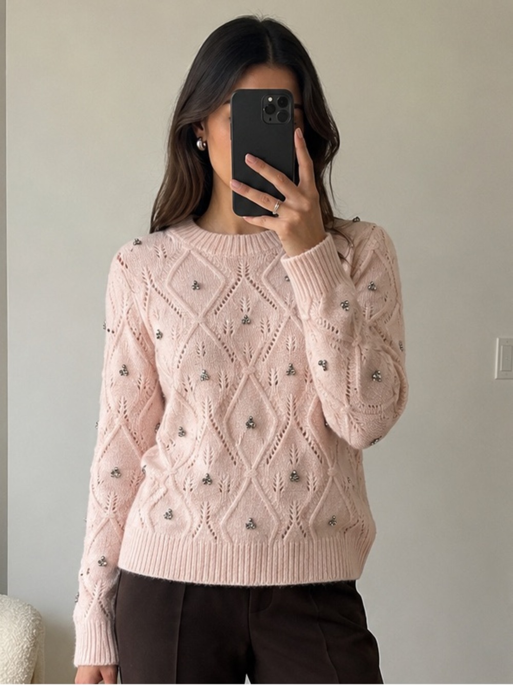House of Harlow Blush Pink Embellished Knit Sweater Rhinestone Long Sleeve S
